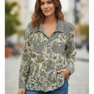 Adore Mixed Media Top Womens XL Sheer Floral Striped Twill Green Gray Boho Prep